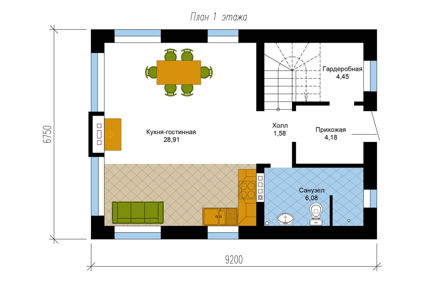 План первого этажа коттеджа 117 м²: кухня-гостиная, санузел, гардеробная, прихожая