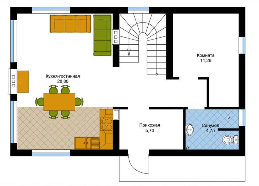 План первого этажа коттеджа 157 м²: кухня-гостиная 28,8 м², комната, прихожая, санузел