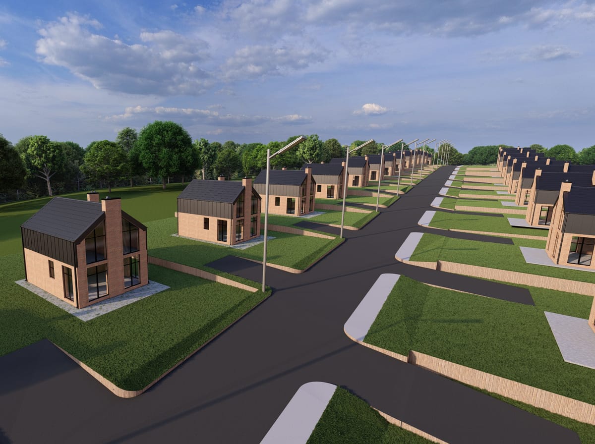 Проект застройки: ряды коттеджей вдоль асфальтированной дороги